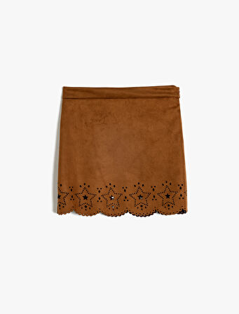 Süet Mini Etek Yıldız Detaylı 