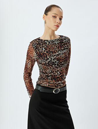 Tül Bluz Leopar Desenli Uzun Kollu Drapeli Slim Fit