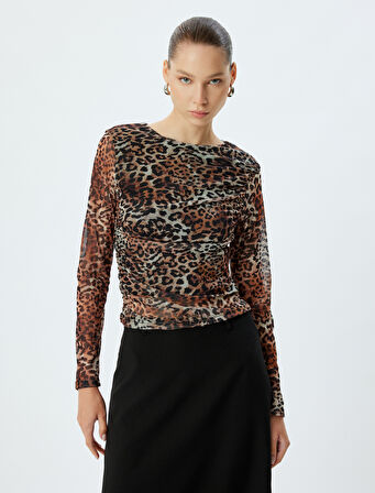 Tül Bluz Leopar Desenli Uzun Kollu Drapeli Slim Fit