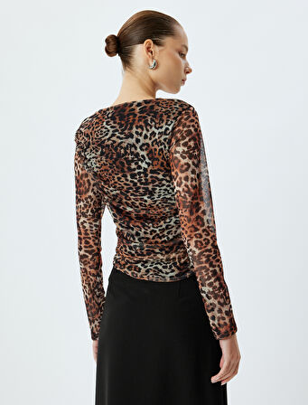 Tül Bluz Leopar Desenli Uzun Kollu Drapeli Slim Fit
