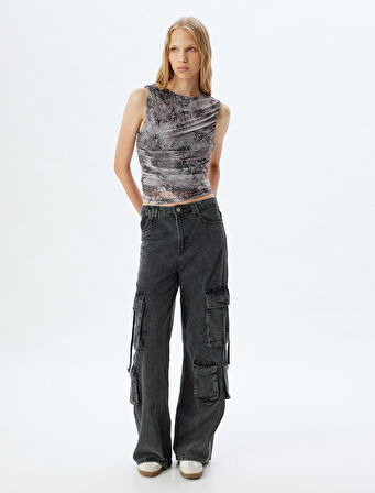 Kolsuz Üst Drapeli Tül Soyut Desenli Slim Fit