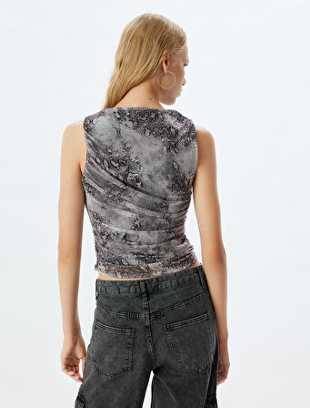 Kolsuz Üst Drapeli Tül Soyut Desenli Slim Fit