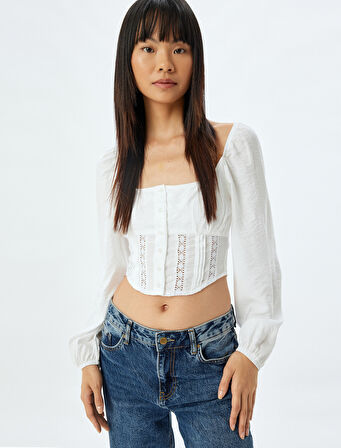Balon Kol Bluz Crop Gipeli U Yaka Düğmeli Slim Fit Kroşe Detaylı