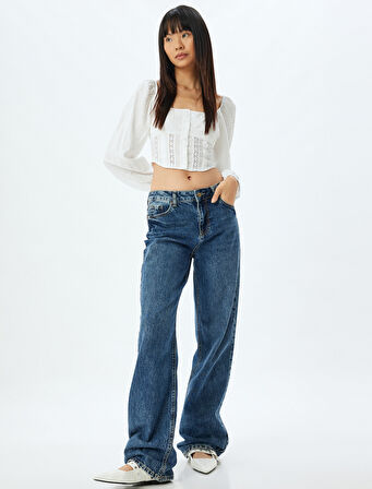 Balon Kol Bluz Crop Gipeli U Yaka Düğmeli Slim Fit Kroşe Detaylı
