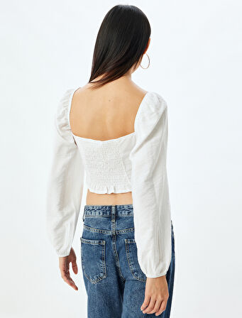 Balon Kol Bluz Crop Gipeli U Yaka Düğmeli Slim Fit Kroşe Detaylı
