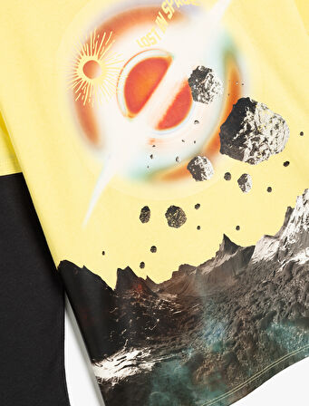 Uzay Baskılı Bisiklet Yaka Uzun Kollu Pamuklu Tişört