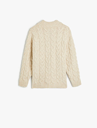 Yarım Fermuarlı Saç Örgüsü Detaylı Uzun Kollu Kazak