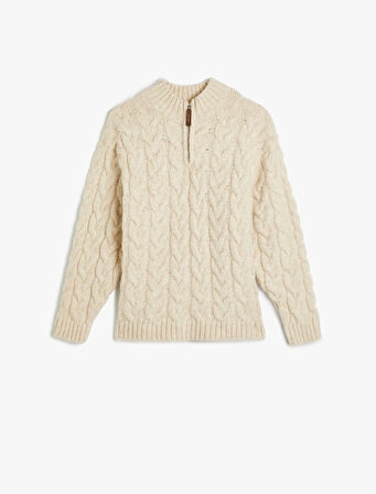 Yarım Fermuarlı Saç Örgü Desenli Uzun Kollu Triko Kazak