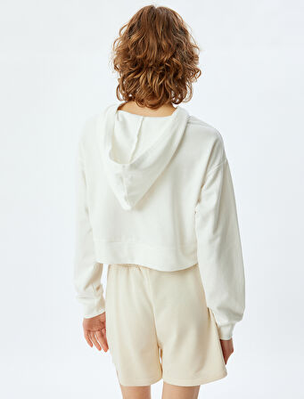 Kapüşonlu Crop Sweatshirt Pijama Üstü Ayıcık İşlemeli Pamuklu İki İplik Şardonlu