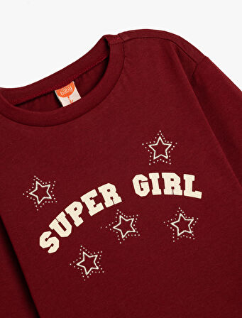 Tişört Uzun Kollu Slogan Baskılı Bisiklet Yaka Pamuklu