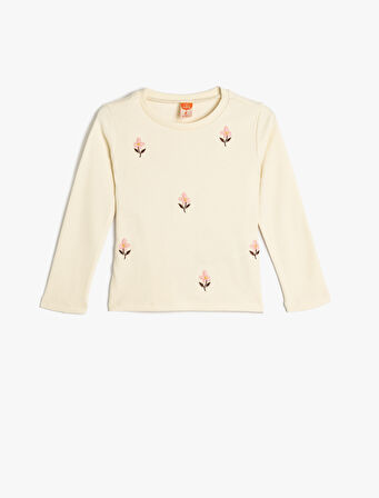 Tişört Uzun Kollu Çiçek Baskılı Bisiklet Yaka Pamuklu