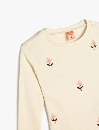 Tişört Uzun Kollu Çiçek Baskılı Bisiklet Yaka Pamuklu