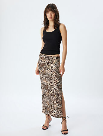 Leopar Etek Uzun Kalem Form Yırtmaç Detaylı Slim Fit