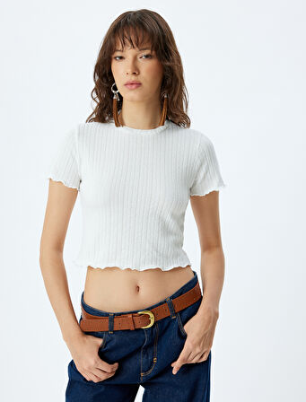 Crop Top Dokulu Kısa Kollu Bisiklet Yaka Slim Fit