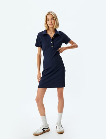 Kısa Kollu Yarım Düğme Detaylı Slim Fit Polo Yaka Mini Elbise 