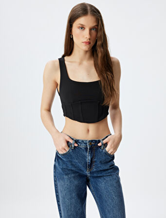 Crop Korse Görünümlü Üst Kolsuz Kare Yaka 