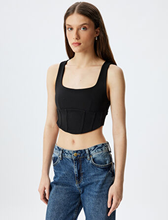 Crop Korse Görünümlü Üst Kolsuz Kare Yaka 