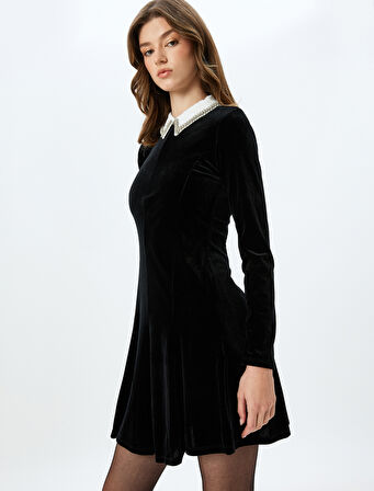 Slim Fit Taşlı Gömlek Yaka Uzun Kollu Mini Kadife Elbise