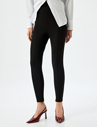 Nervürlü Paçaları Fermuar Detaylı Krep Scuba Kumaş Tayt