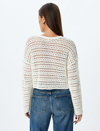 Ajurlu Püsküllü Kazak Geniş Uzun Kollu Yuvarlak Yaka Bol Kalıp