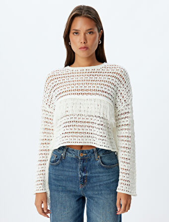 Ajurlu Püsküllü Kazak Geniş Uzun Kollu Yuvarlak Yaka Bol Kalıp