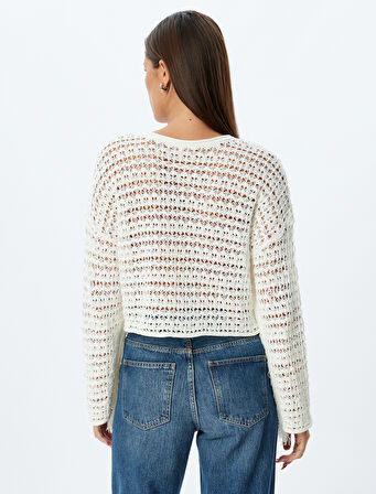 Ajurlu Püsküllü Kazak Geniş Uzun Kollu Yuvarlak Yaka Bol Kalıp