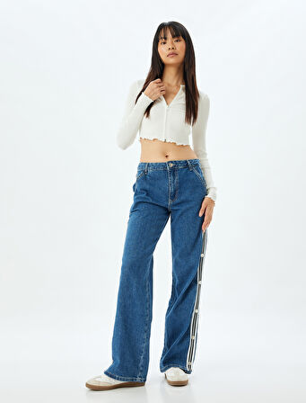 Düz Paça Kot Pantolon Şerit Detaylı Düğmeli Normal Bel Pamuklu - Longer Straight Jeans