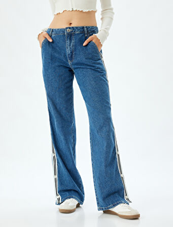Düz Paça Kot Pantolon Şerit Detaylı Düğmeli Normal Bel Pamuklu - Longer Straight Jeans