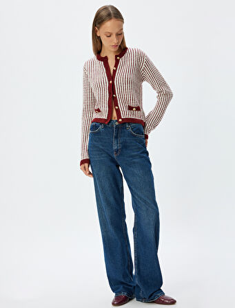 Triko Hırka Bisiklet Yaka Cep Detaylı Düğmeli Uzun Kollu