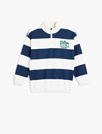 Sweatshirt Dik Yaka Yarım Fermuarlı Kolej İşlemeli 