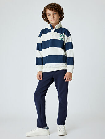 Sweatshirt Dik Yaka Yarım Fermuarlı Kolej İşlemeli 