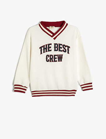 Sweatshirt İşleme Detaylı Uzun Kollu V Yaka Şardonlu 