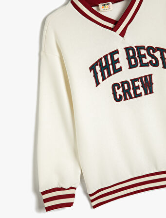 Sweatshirt İşleme Detaylı Uzun Kollu V Yaka Şardonlu 