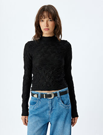 Dokulu Yarı Transparan Body Dik Yaka Uzun Kollu Slim Fit