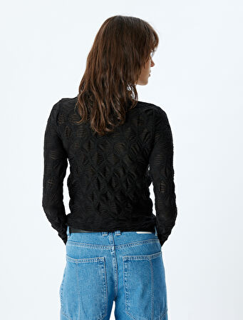 Dokulu Yarı Transparan Body Dik Yaka Uzun Kollu Slim Fit