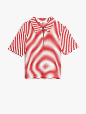 Polo Yaka Crop Tişört Yarım Fermuar Detaylı Kısa Kollu Slim Fit