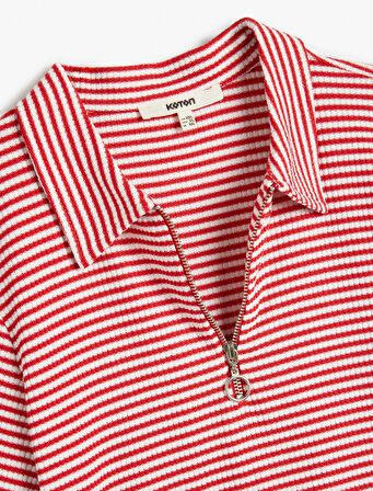 Polo Yaka Crop Tişört Yarım Fermuar Detaylı Kısa Kollu Slim Fit