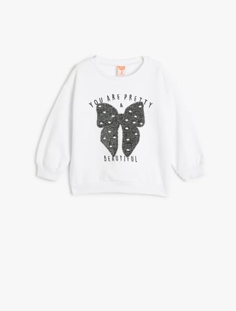 Sweat Bisiklet Yaka Uzun Kollu Fiyonk Aplikeli Pamuklu 