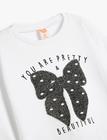 Sweat Bisiklet Yaka Uzun Kollu Fiyonk Aplikeli Pamuklu 