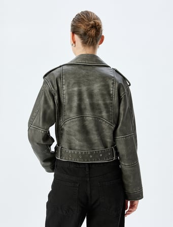 Kemerli Fermuarlı Eskitilmiş Görünümlü Oversize Biker Suni Deri Ceket 