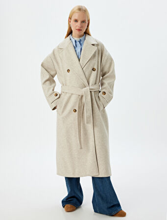 Cepli Kemerli Kruvaze Ekstra Uzun Kaşe Kaban