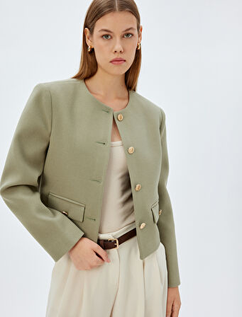 Crop Blazer Ceket Yakasız Kapaklı Çift Cep Detaylı Slim Fit 