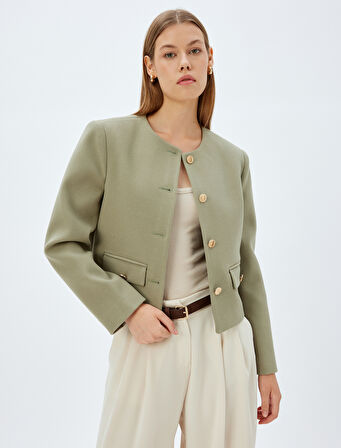 Crop Blazer Ceket Yakasız Kapaklı Çift Cep Detaylı Slim Fit 