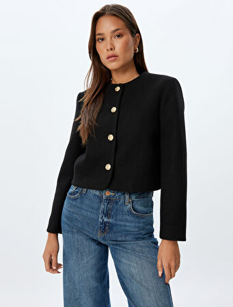 Ceket Yuvarlak Yaka Düğmeli Uzun Kollu