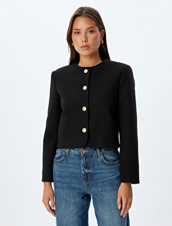 Ceket Yuvarlak Yaka Düğmeli Uzun Kollu