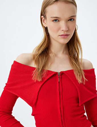 Crop Tişört Uzun Kollu Fermuarlı Fitilli Omzu Açık Slim Fit