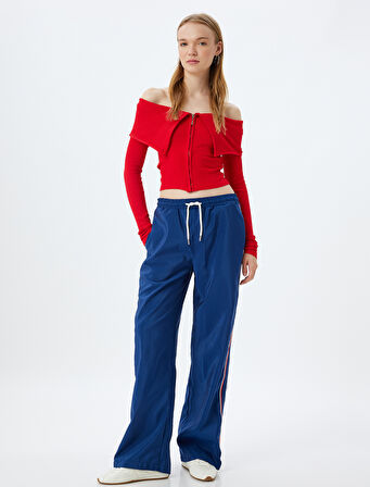 Crop Tişört Uzun Kollu Fermuarlı Fitilli Omzu Açık Slim Fit