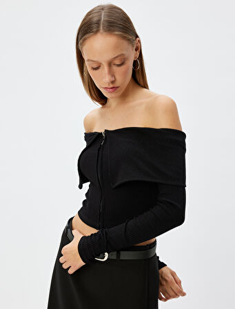 Crop Tişört Uzun Kollu Fermuarlı Fitilli Omzu Açık Slim Fit