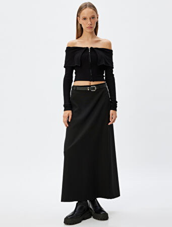 Crop Tişört Uzun Kollu Fermuarlı Fitilli Omzu Açık Slim Fit