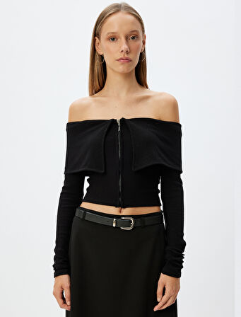 Crop Tişört Uzun Kollu Fermuarlı Fitilli Omzu Açık Slim Fit